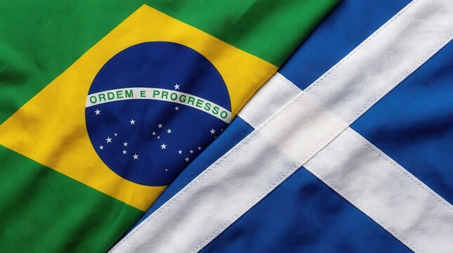 Global soccer championship illustration featuring the national flags of Brazil and Scotland texture.