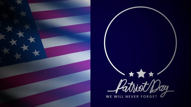 patriot day text animation with waving American flag background. 4k animated typography with a circular empty frame adorned with white stars, perfect for patriot day memorials and related events.