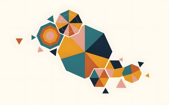 Abstract Geometric Composition: A vibrant and dynamic abstract composition featuring a tessellation of colorful geometric shapes, including hexagons, triangles, and octagons, arranged in an organic.