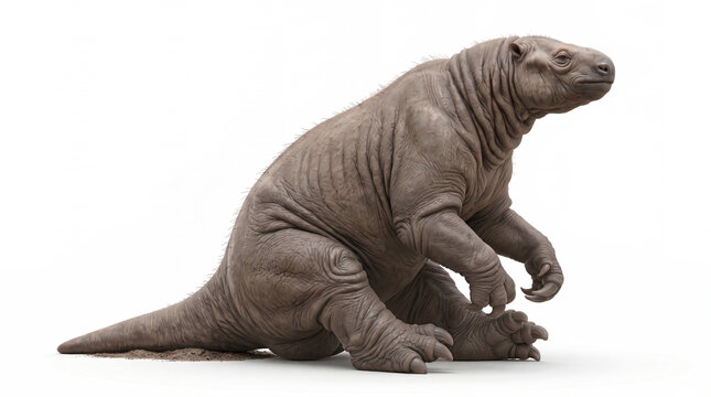 Megatherium americanum sitting, full body prehistoric giant ground sloth seated on the ground in a natural relaxed posture, showing its massive body, powerful forelimbs, large curved claws, and charac