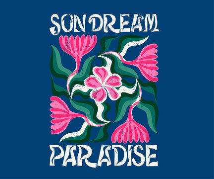 Tropical graphic design, floral t-shirt design, summer vacation artwork, 70s inspired design, retro botanical illustration, paradise poster, colorful floral artwork, tropical aesthetic 