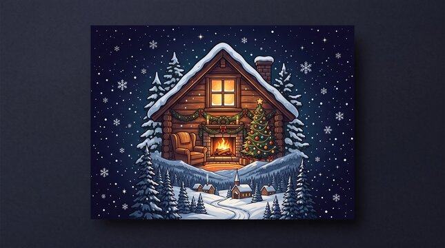 Cozy wooden cabin in a snowy forest with festive decorations, Merry Chrismas concept   