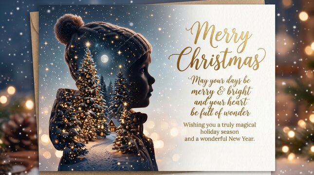 Child looking at Christmas lights with a festive background, Merry Chrismas card concept  