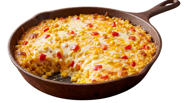 Cheesy baked corn casserole in cast iron skillet, hot corn dip with melted cheese and red peppers, rustic side dish for holiday dinner