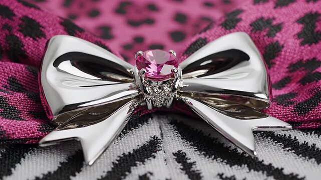 Shiny metallic silver bow resting on dual-pattern fabric with pink leopard print and zebra stripes