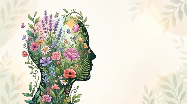 Human head silhouette filled with colorful flowers and foliage, World Mental Health Day 