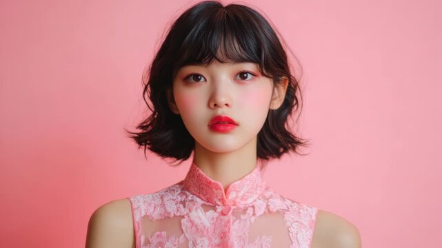 Portrait of a young Asian woman in a pink lace qipao with bold makeup