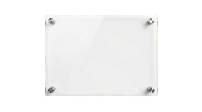 Clear acrylic sign board with metal standoffs isolated on transparent background