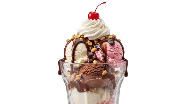 Classic ice cream sundae with chocolate sauce and whipped cream. Gourmet dessert parfait with cherry and nuts. Sweet treat on white background.