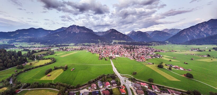 Oberstdorf aerial view in the Bavarian Alps at dusk