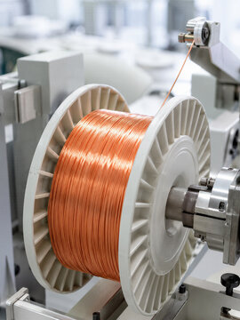 Copper wire spool on industrial winding machine in factory. Electrical cable production and manufacturing technology for power industry and energy distribution concept