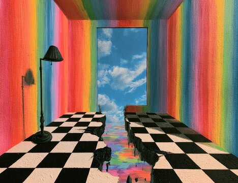 Surreal room with rainbow walls, checkerboard floor opens to sky