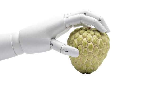 White robotic hand holding a green custard apple with isolated on transparent background