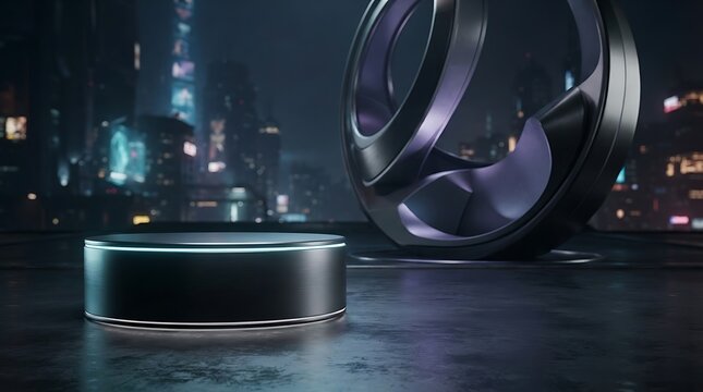 Futuristic product display pedestal with glowing neon lights in a dark sci fi city environment for digital presentation