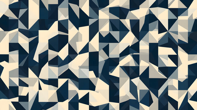 Geometric Mosaic Pattern: An intricate and abstract mosaic composed of overlapping triangles in shades of navy blue, cream, and light blue, creating a visually engaging and dynamic design.