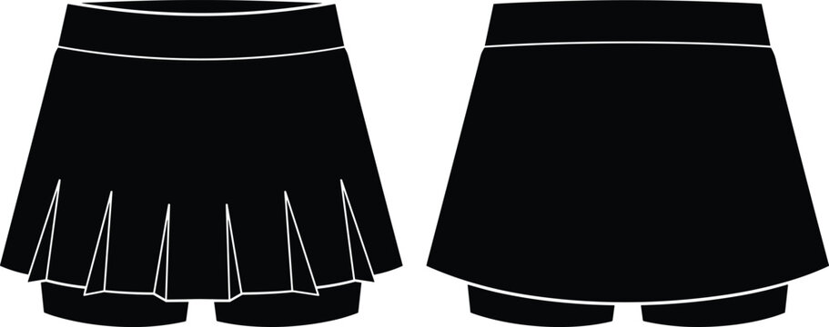 Black pleated skort vector illustration featuring front and back view of women sportswear tennis skirt with shorts silhouette.