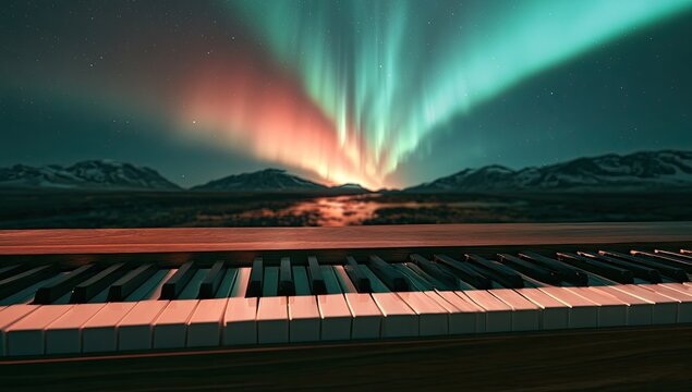 Piano keys overlook a vibrant aurora borealis illuminating a serene, mountainous landscape