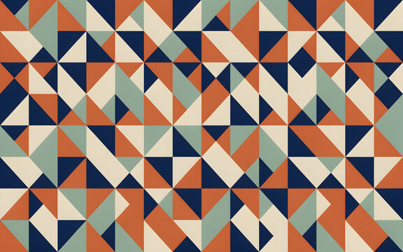 Geometric Mosaic Pattern: An intricate and captivating mosaic of geometric shapes, featuring triangles and parallelograms in a harmonious blend of navy blue, terracotta, beige, and muted green tones.