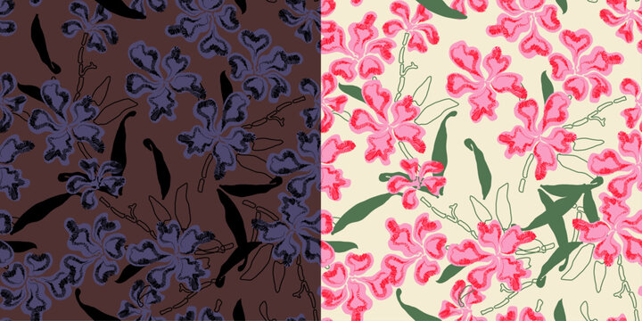 Seamless Vector flowers pattern design. pink flowers  abstract retro flowers print design. hand drawing tropical print. summer girls graphics. hand drawing textile fabric design. 