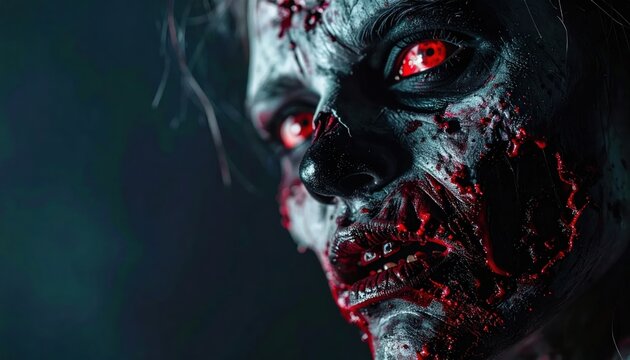Zombie face with glowing red eyes.