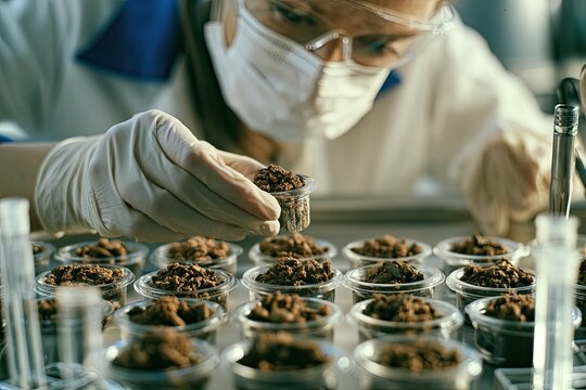 Scientist in lab analyzing soil samples in small containers