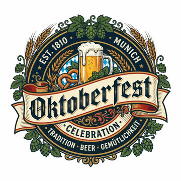 Oktoberfest Emblem: Beer, Pretzel, Hops, Wheat, Munich Tradition & Celebration