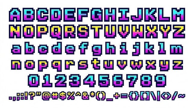 Alphabet in retro arcade style featuring a to z letters, numbers, and punctuation marks isolated on white background