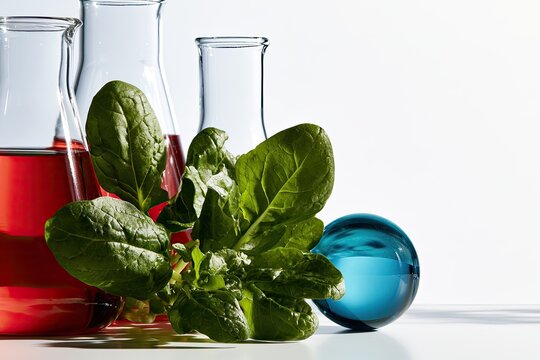 Fresh green leaves and red liquid in labware with a blue orb