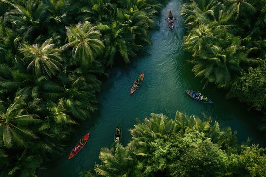 Aerial view of a lush, verdant jungle with a winding river and several canoes