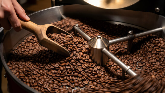 Hand using a wooden scoop to check a fresh roasted coffee bean in an industrial roasting machine. Close-up view of the aromatic artisan production process