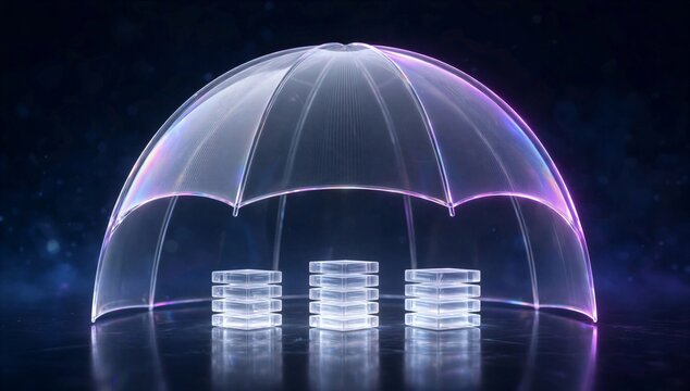 Transparent shield over server stack symbolizes data protection software v2, encryption, backup, secure storage, and cyber defense.