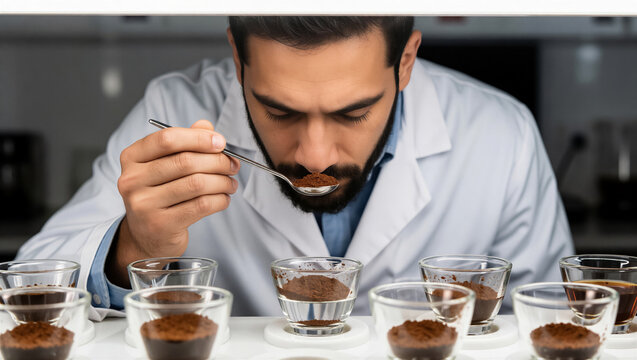 A professional coffee expert performs a detailed tasting. He carefully evaluates the aroma and quality of fresh ground bean samples in a specialized lab