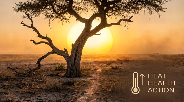 Dead tree in dry landscape with rising thermometer icon warning of extreme heatwave risk