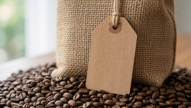 Close-up of roasted coffee beans spilling from a rustic burlap sack with an empty label tag. Perfect for cafe product display or organic drink promotion