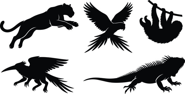 Tropical rainforest jungle animals vector silhouette collection featuring panther, macaw parrot, hanging sloth, and iguana lizard.