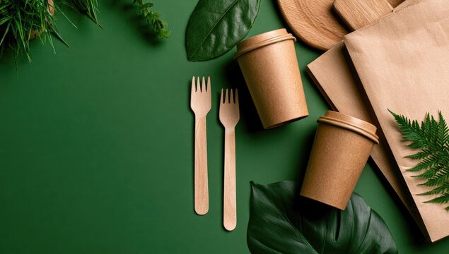 Sustainable disposable tableware and natural greenery arranged on a green surface