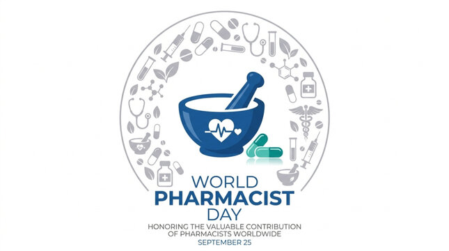 World Pharmacist Day emblem with mortar, pestle, and circular frame filled with medical icons on white