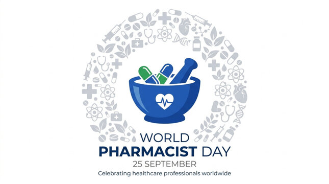 World Pharmacist Day vector badge illustration with traditional mortar pestle symbol and health icons