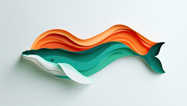 Layered paper art depicts a stylized whale swimming through colorful waves