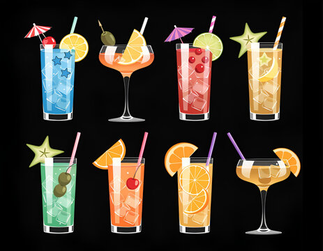 Collection of refreshing summer cocktails with fruits and straws on black background mixed drinks cocktail