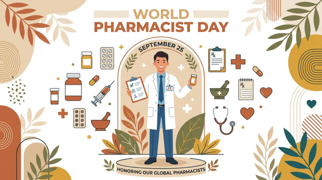 World Pharmacist Day September 25 banner with male doctor character, medicines, and botanical elements