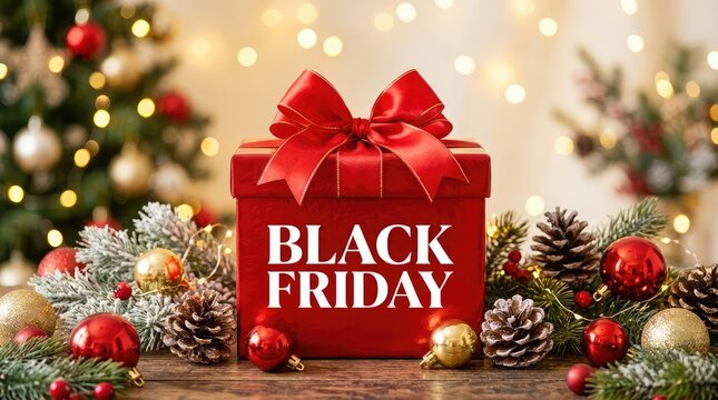 Festive black friday gift box with christmas tree background and holiday decorations