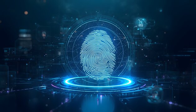 Digital fingerprint biometric security scan with glowing blue data visualization technology.