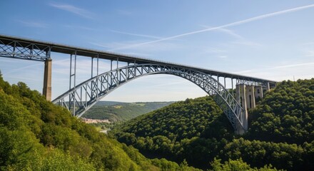 Fototapeta premium Majestic steel arch bridge spanning a lush green valley under a clear blue sky