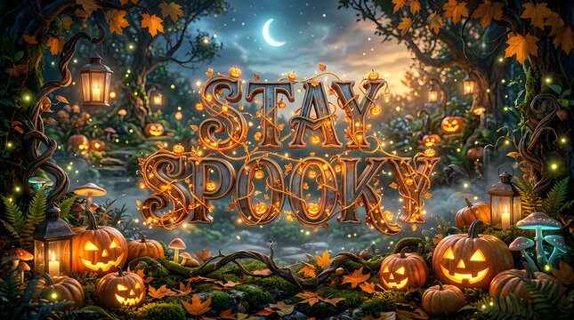 Whimsical forest scene with glowing pumpkins and 'Stay Spooky' text for magical Halloween celebrations.