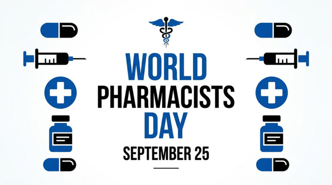 World Pharmacist Day vector template featuring medical icons including syringe, bottle, heart, and mortar