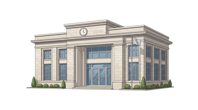 Neoclassical stone bank building, government office with clock tower, classic courthouse architecture on white background
