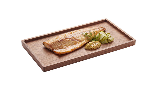 Smoked trout fillet on wooden tray, gourmet fish appetizer with pickles and mustard, rustic seafood dish isolated on white