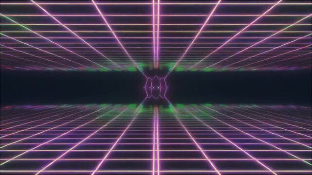 Retro 80s Style Neon Grid Tunnel with Abstract Light Patterns.