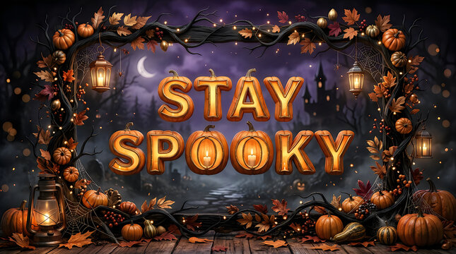 Stay spooky pumpkin text banner in dark graveyard setting with silhouette of haunted castle.